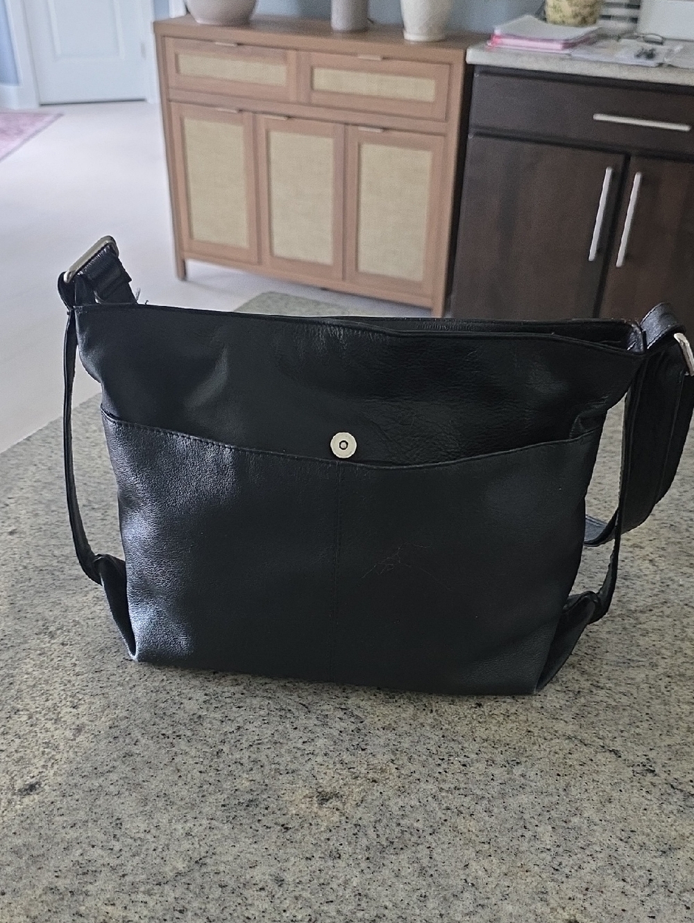 Black Leather Crossbody Bag with Front Zippers - Picture 3 of 12
